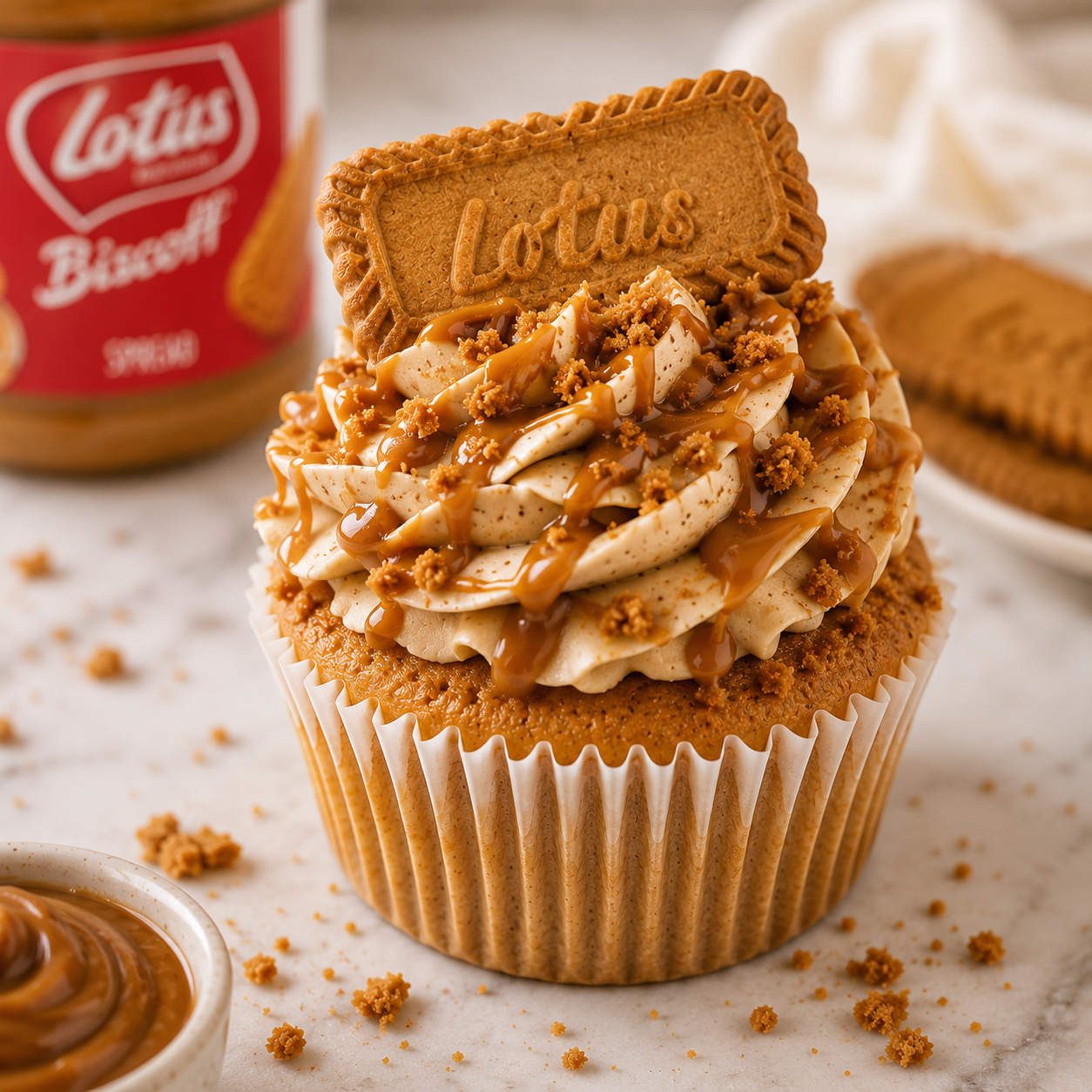 Cupcake with biscuit topping and a caramel-coloured drizzle