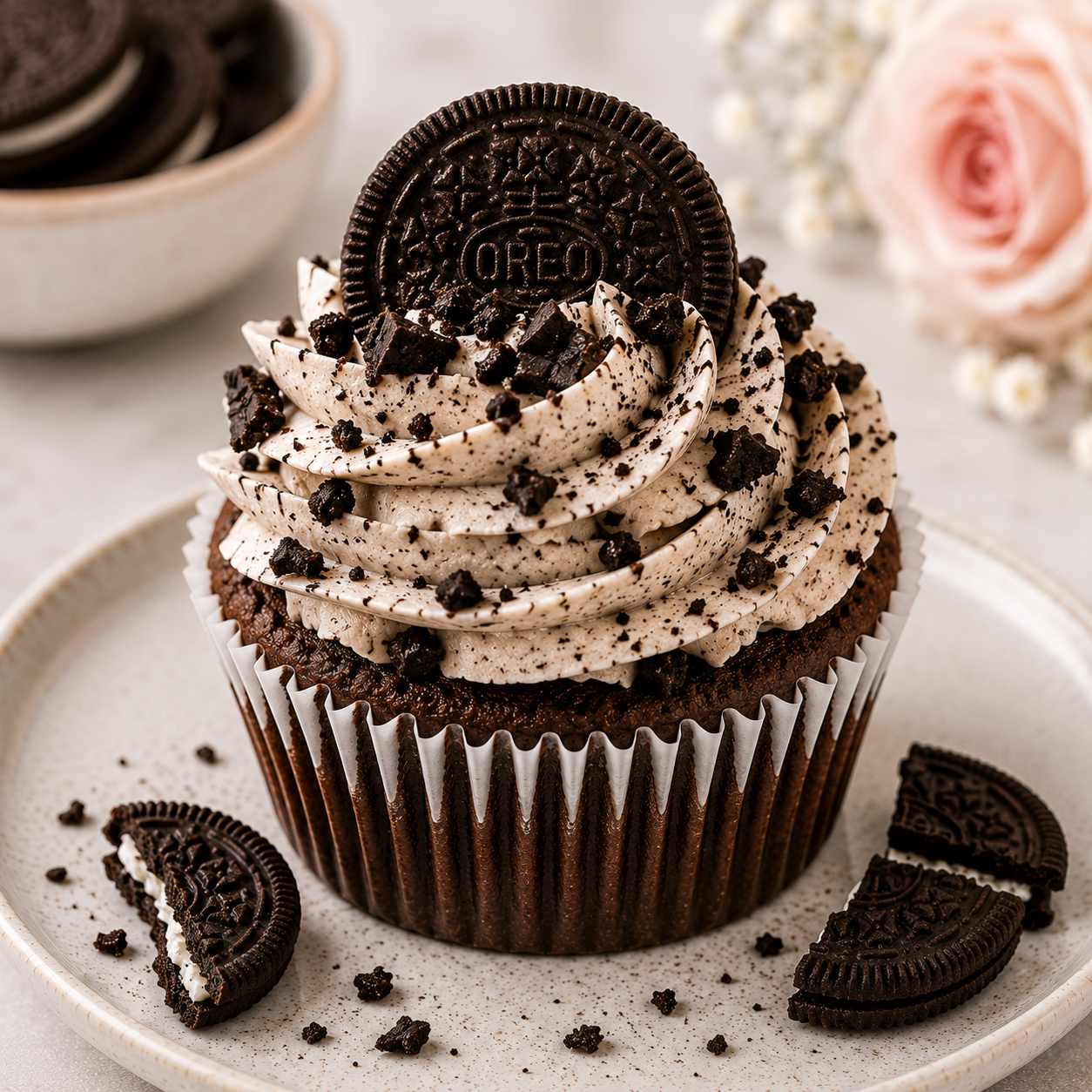 Chocolate cupcake with cookies and cream frosting and an Oreo
