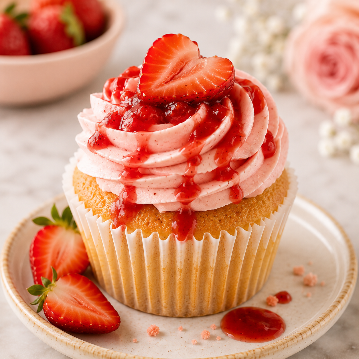 Cupcake topped with pink swirled frosting and strawberries